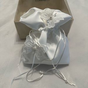 White satin wedding purse with lace butterfly embellishments